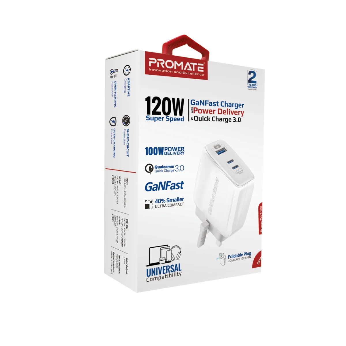 120W Super-speed GaNFast™ Charger with Power Delivery & Quick Charge 3.0