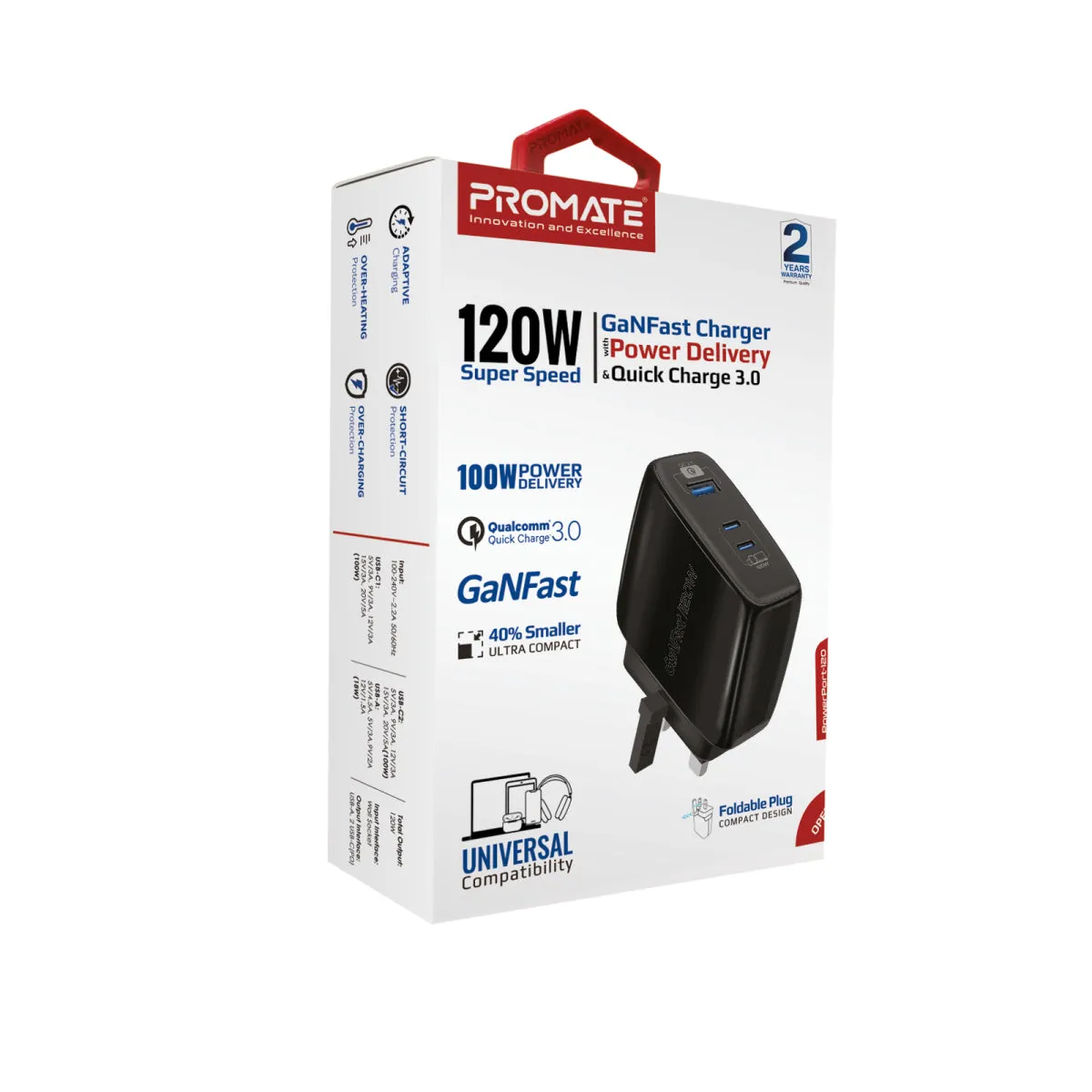 120W Super-speed GaNFast™ Charger with Power Delivery & Quick Charge 3.0