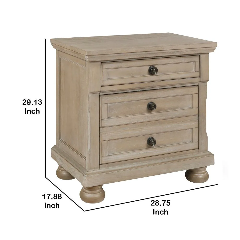 3 Drawer Wooden Nightstand with Round Knobs and Bun Feet, Weathered Brown By Casagear Home