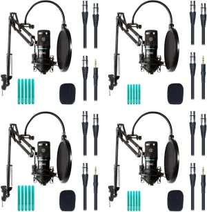 4-Pack Universal XLR Condenser Microphone Podcast Equipment Bundle