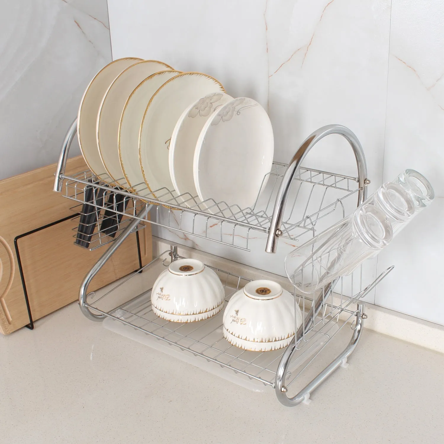 7670 Kitchen Dish Cup Drying Rack 2 Tier Drainer Dryer Tray Cutlery Holder Organizer 59cm