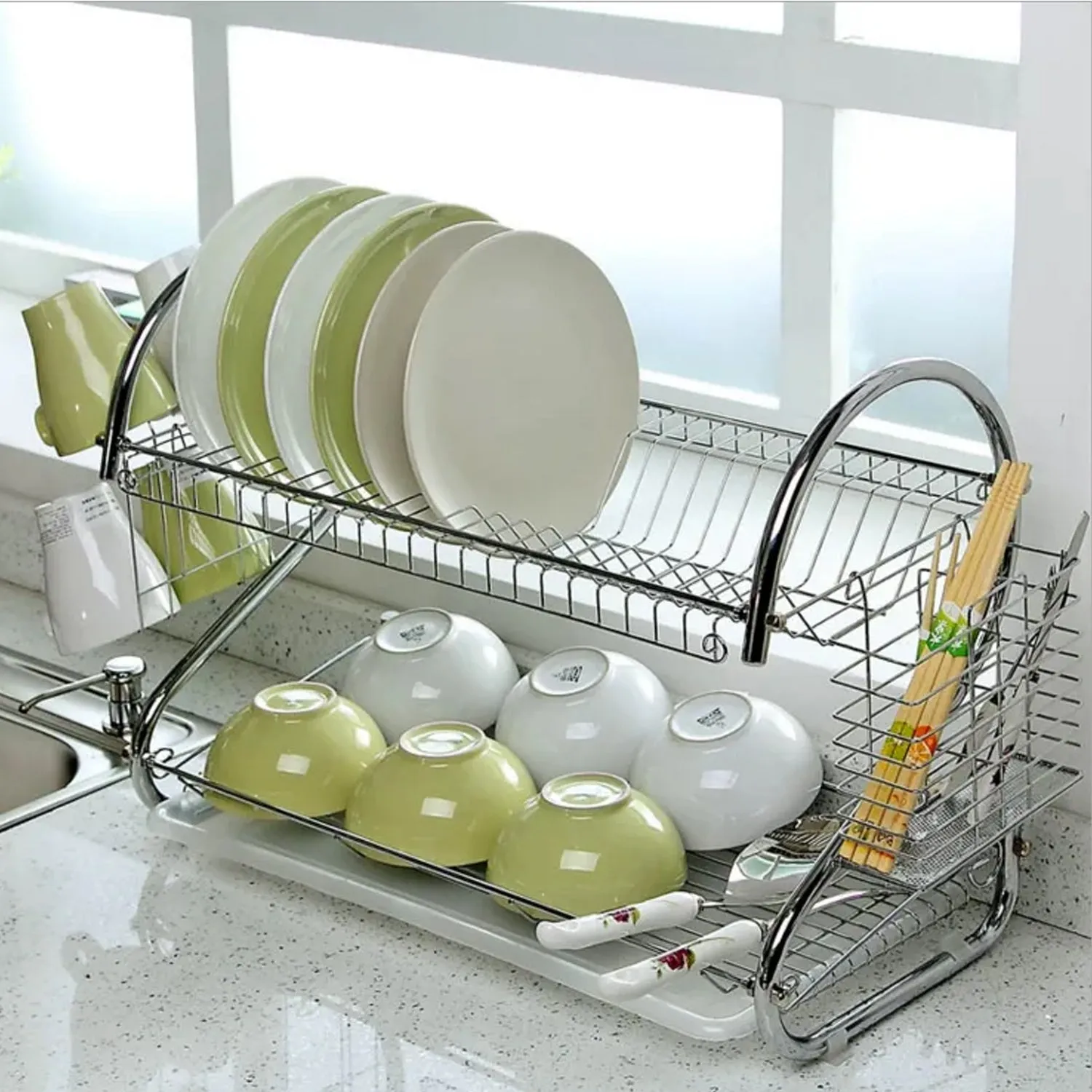 7670 Kitchen Dish Cup Drying Rack 2 Tier Drainer Dryer Tray Cutlery Holder Organizer 59cm