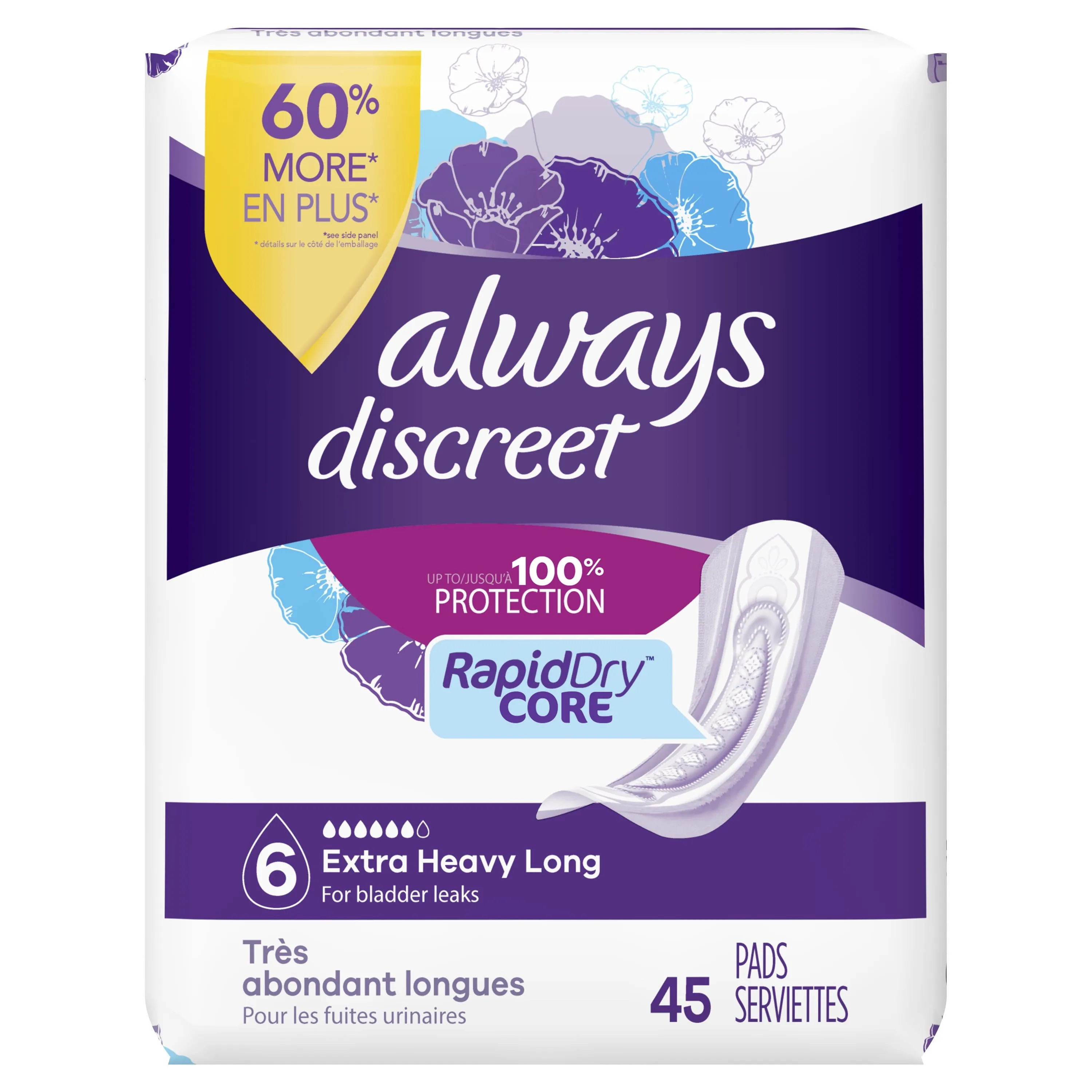Always Discreet Incontinence Pads, Extra Heavy Absorbency, Long Length, 45 CT