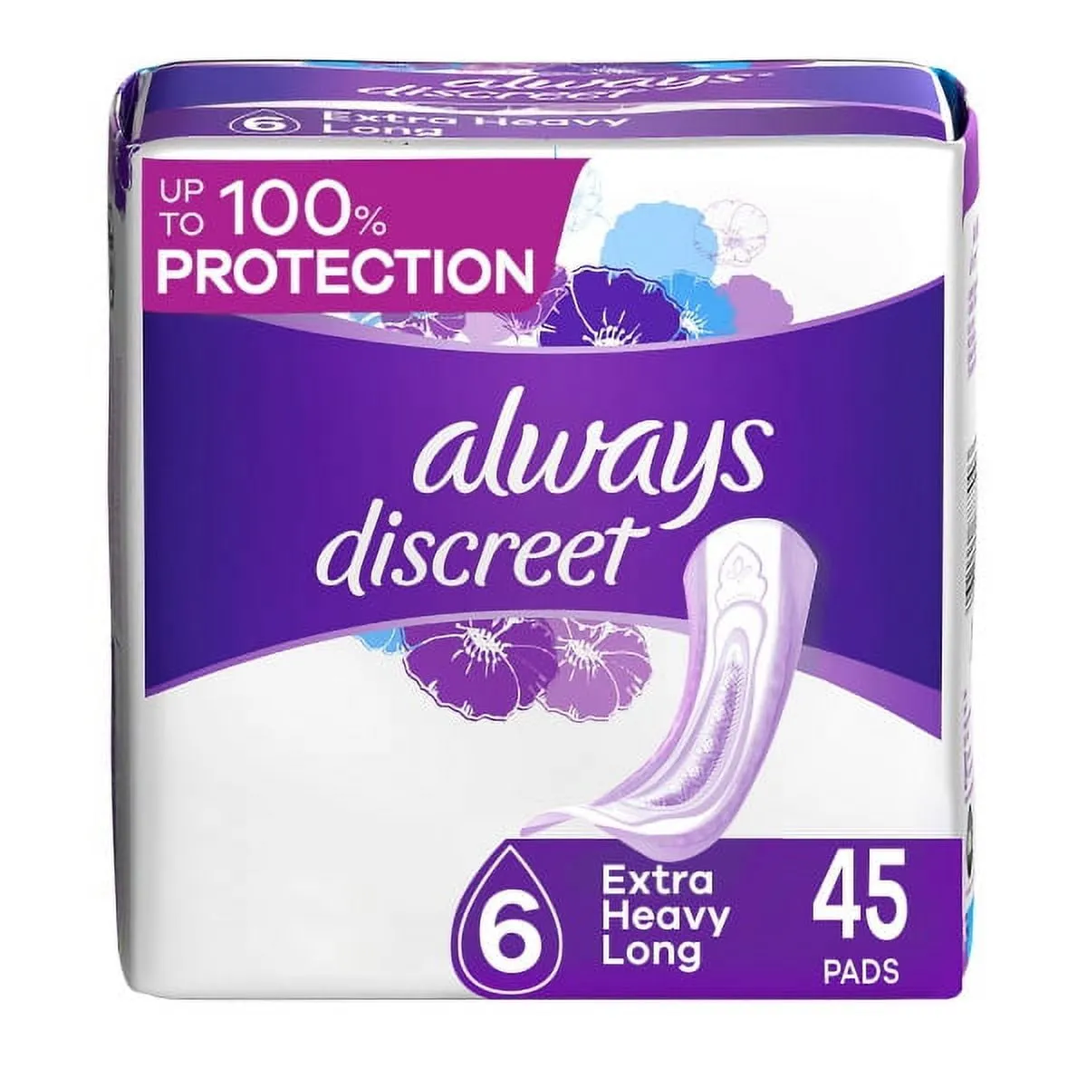 Always Discreet Incontinence Pads, Extra Heavy Absorbency, Long Length, 45 CT