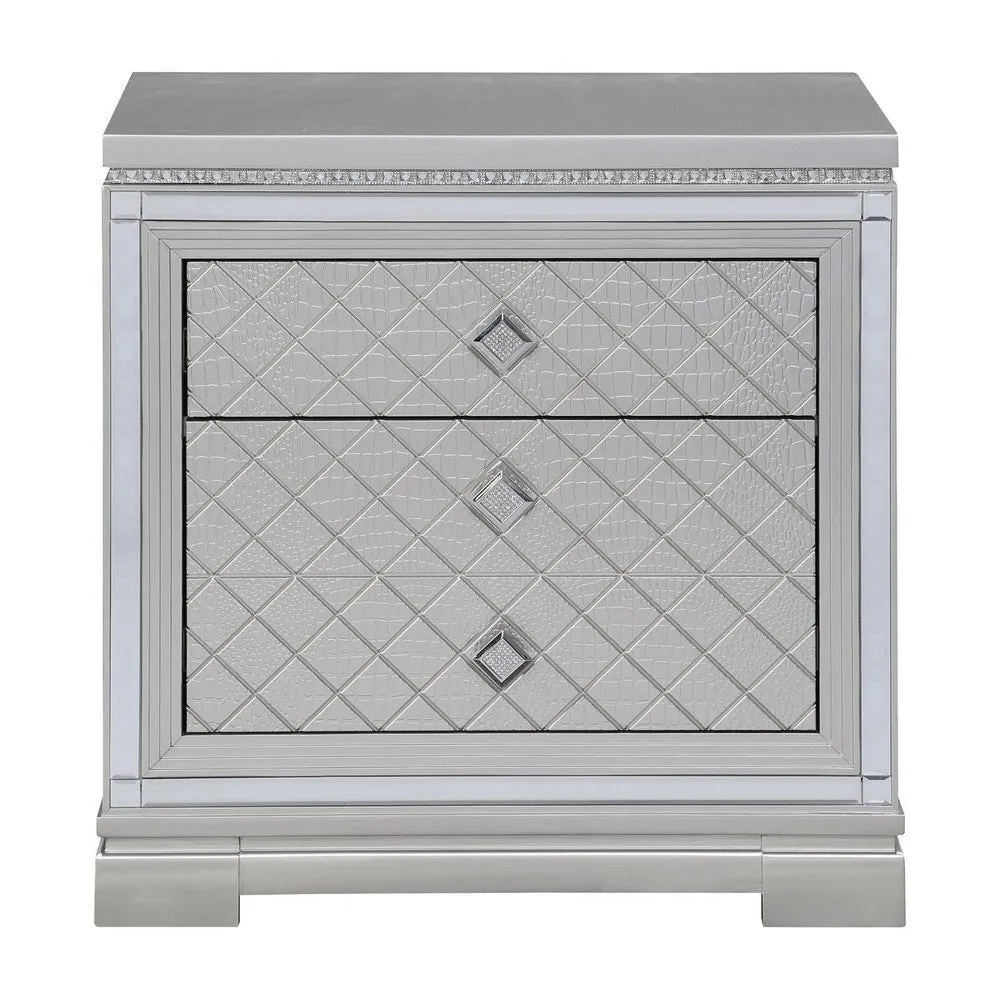 Axl 29 Inch 2 Drawer Nightstand, USB Ports, Embossed, Mirror Trim, Silver By Casagear Home