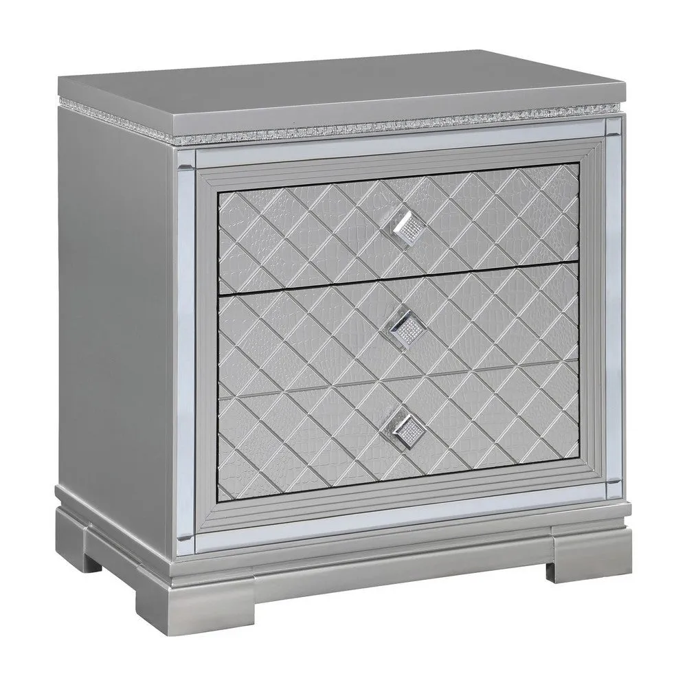 Axl 29 Inch 2 Drawer Nightstand, USB Ports, Embossed, Mirror Trim, Silver By Casagear Home