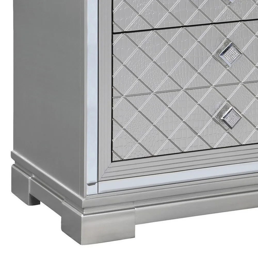 Axl 29 Inch 2 Drawer Nightstand, USB Ports, Embossed, Mirror Trim, Silver By Casagear Home