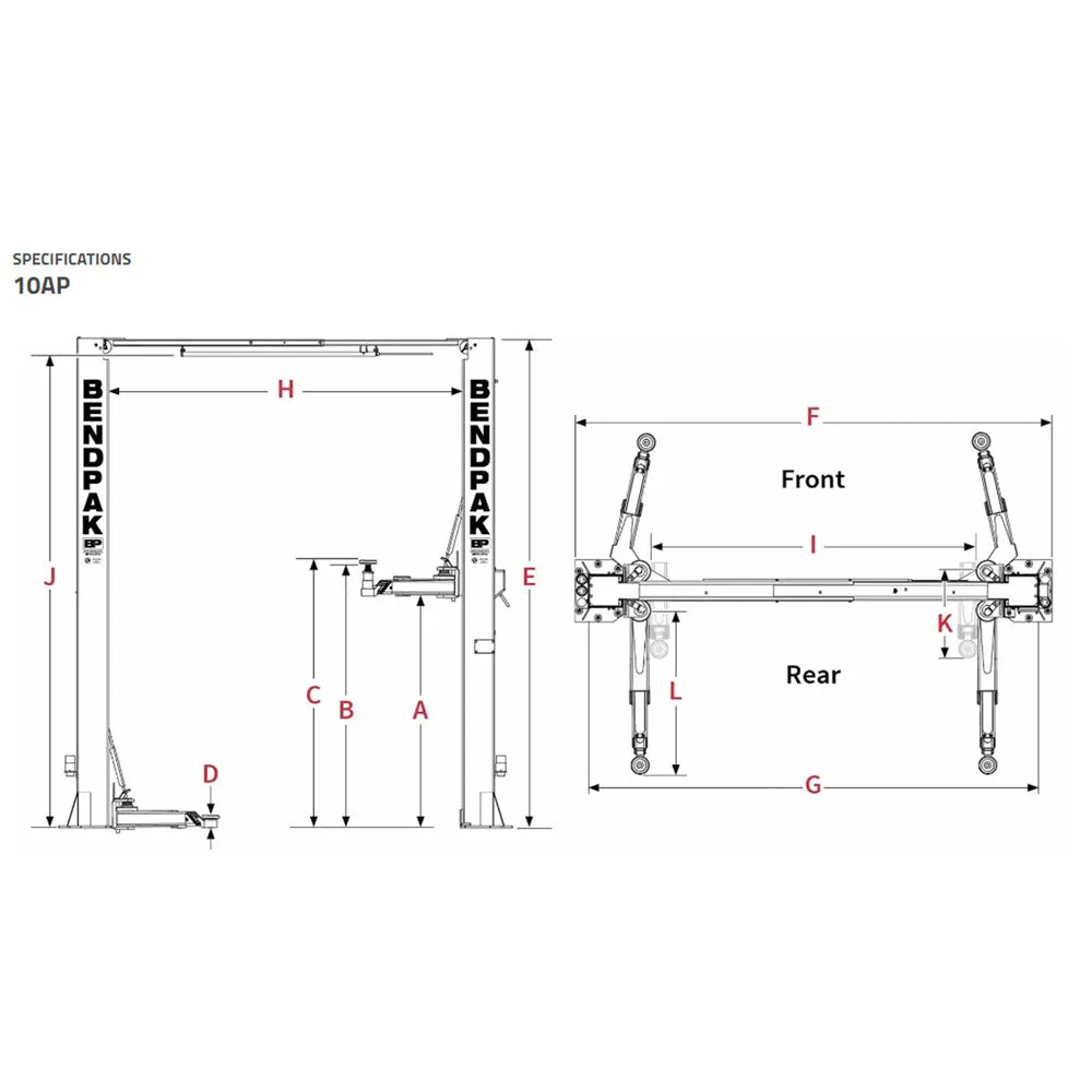 BendPak 10AP 2-Post Car Lift 10000 lbs Capacity Clear Floor Adustable Width