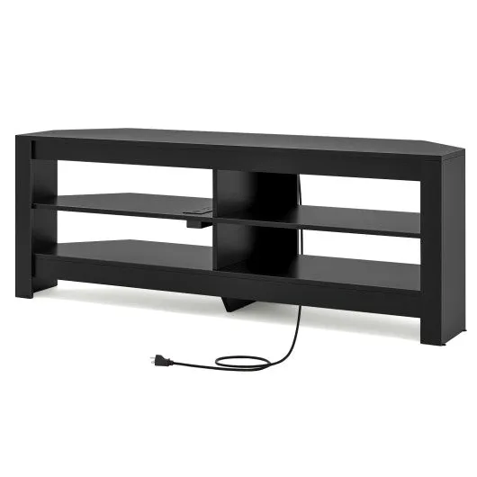 Corner TV Stand with Power Outlet and 4 Open Storage Shelves-Black