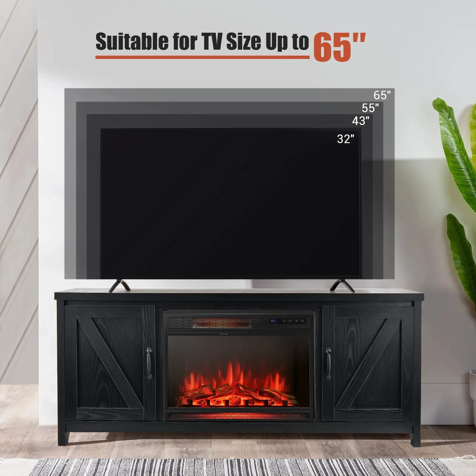Fireplace TV Stand for TVs Up to 65 Inch, Fireplace Media Console Table with Barn Doors, Electric Heater with Adjustable Brightness & Remote