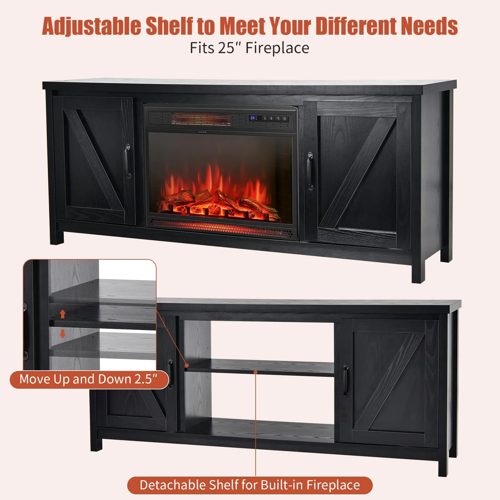 Fireplace TV Stand for TVs Up to 65 Inch, Fireplace Media Console Table with Barn Doors, Electric Heater with Adjustable Brightness & Remote