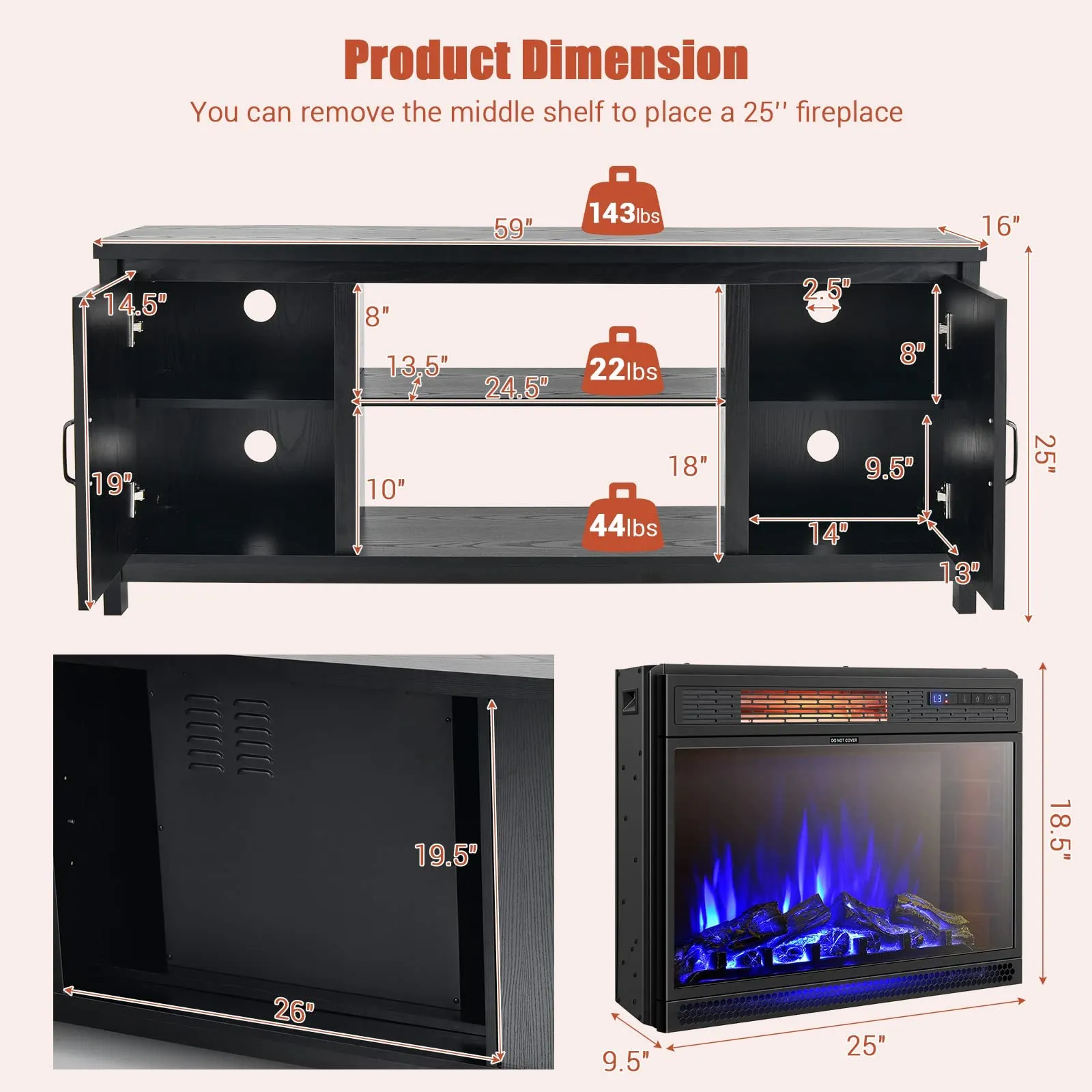 Fireplace TV Stand for TVs Up to 65 Inch, Fireplace Media Console Table with Barn Doors, Electric Heater with Adjustable Brightness & Remote