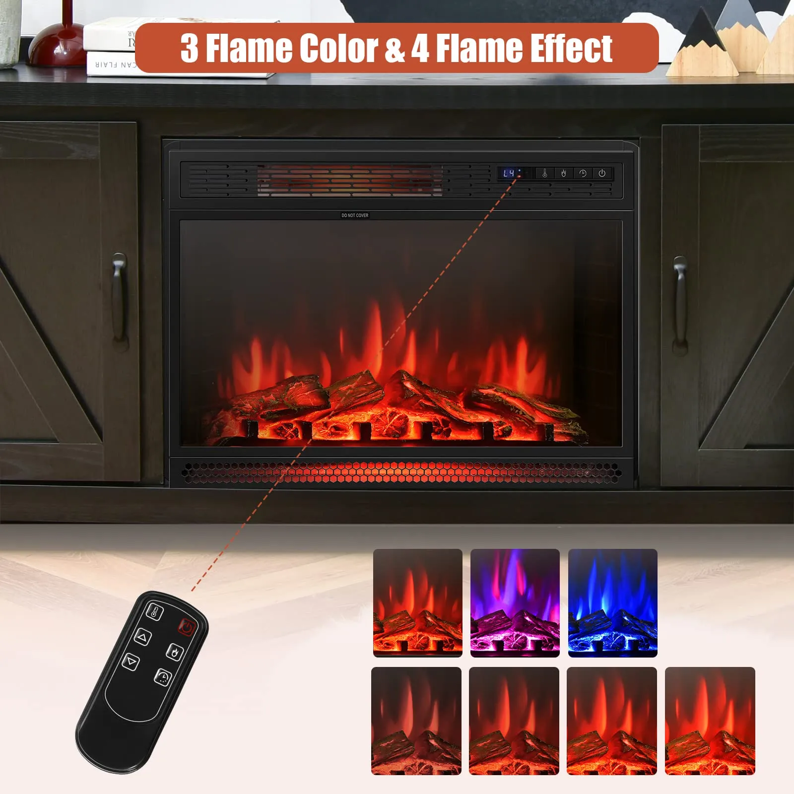 Fireplace TV Stand for TVs Up to 65 Inch, Fireplace Media Console Table with Barn Doors, Electric Heater with Adjustable Brightness & Remote