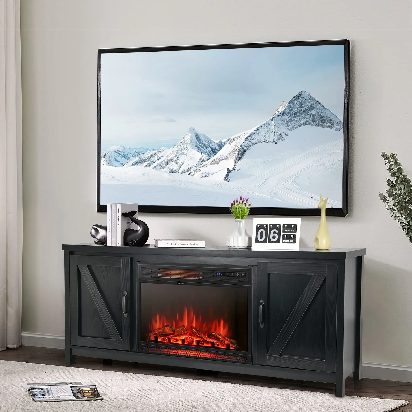 Fireplace TV Stand for TVs Up to 65 Inch, Fireplace Media Console Table with Barn Doors, Electric Heater with Adjustable Brightness & Remote