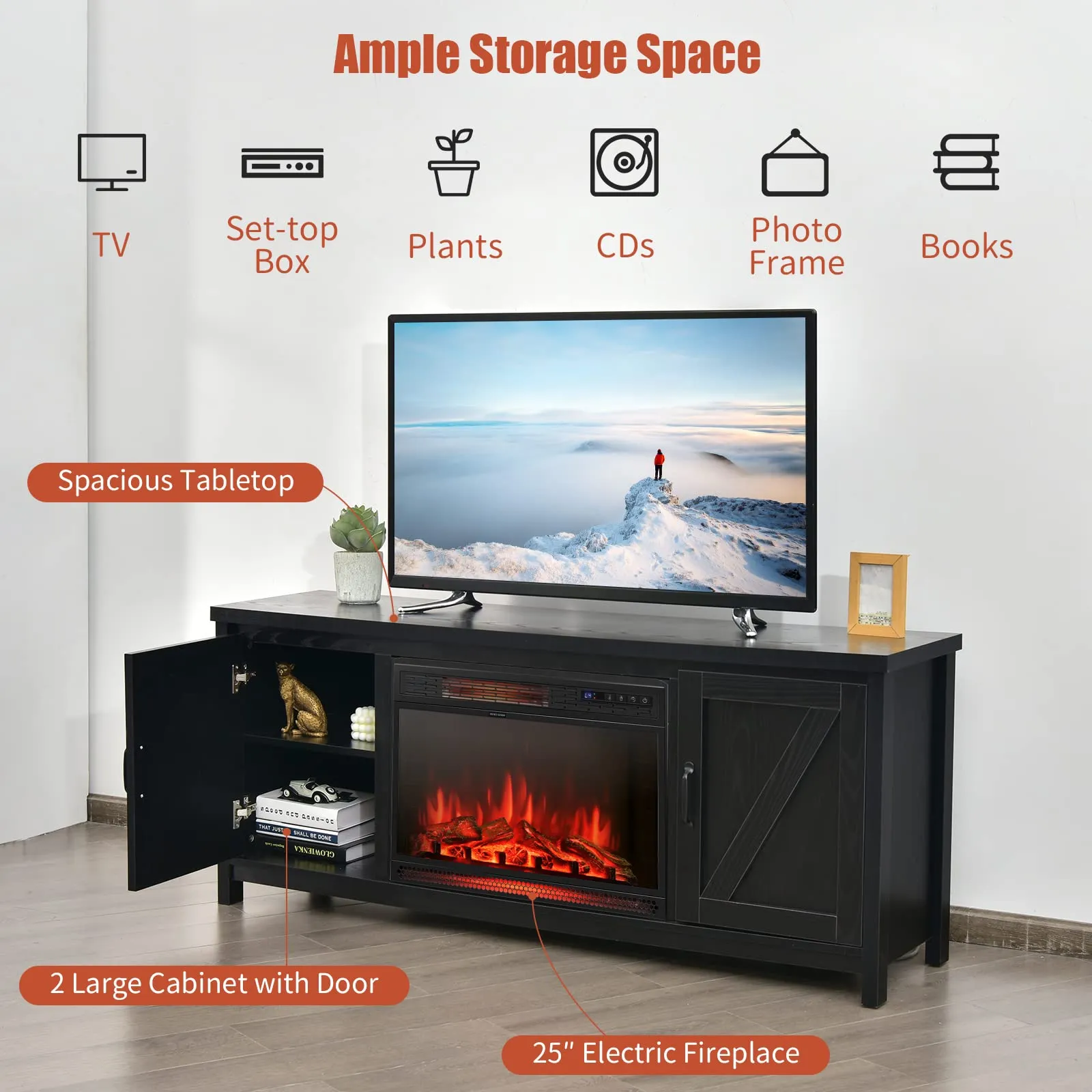Fireplace TV Stand for TVs Up to 65 Inch, Fireplace Media Console Table with Barn Doors, Electric Heater with Adjustable Brightness & Remote