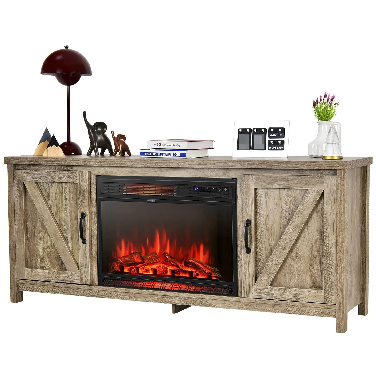 Fireplace TV Stand for TVs Up to 65 Inch, Fireplace Media Console Table with Barn Doors, Electric Heater with Adjustable Brightness & Remote