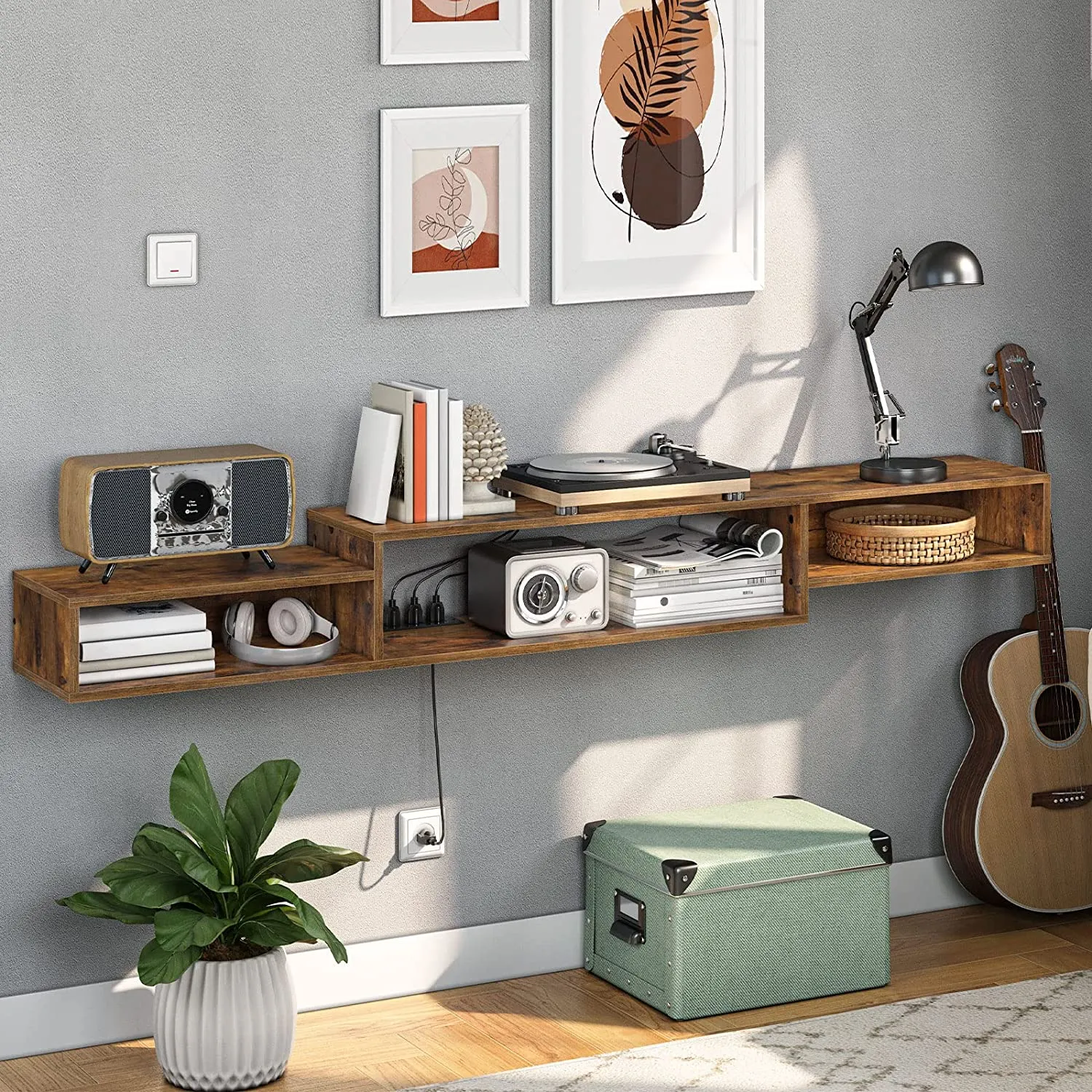 Floating TV Stand Wall Mounted TV Stand with Power Outlet, Floating TV Shelf with LED