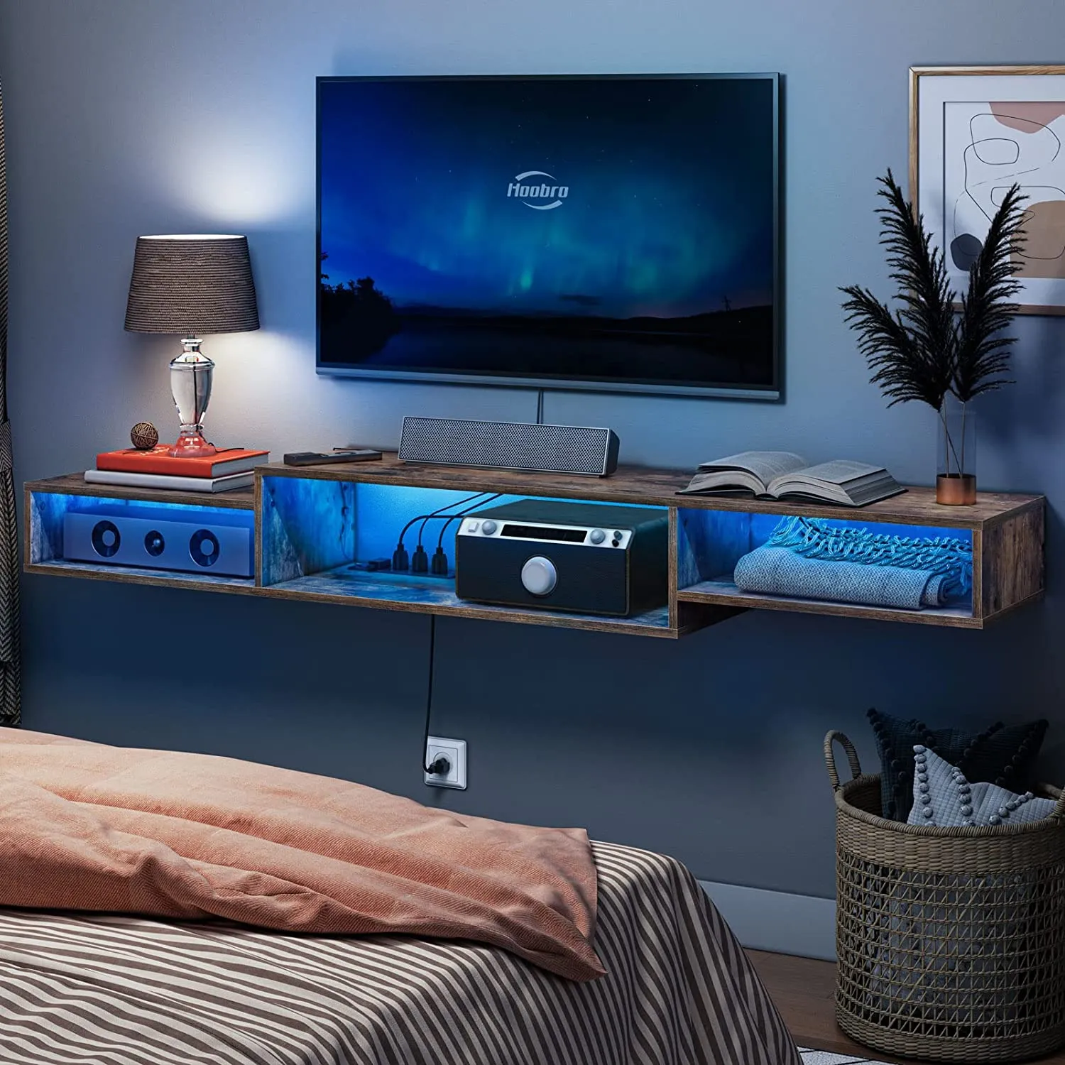 Floating TV Stand Wall Mounted TV Stand with Power Outlet, Floating TV Shelf with LED