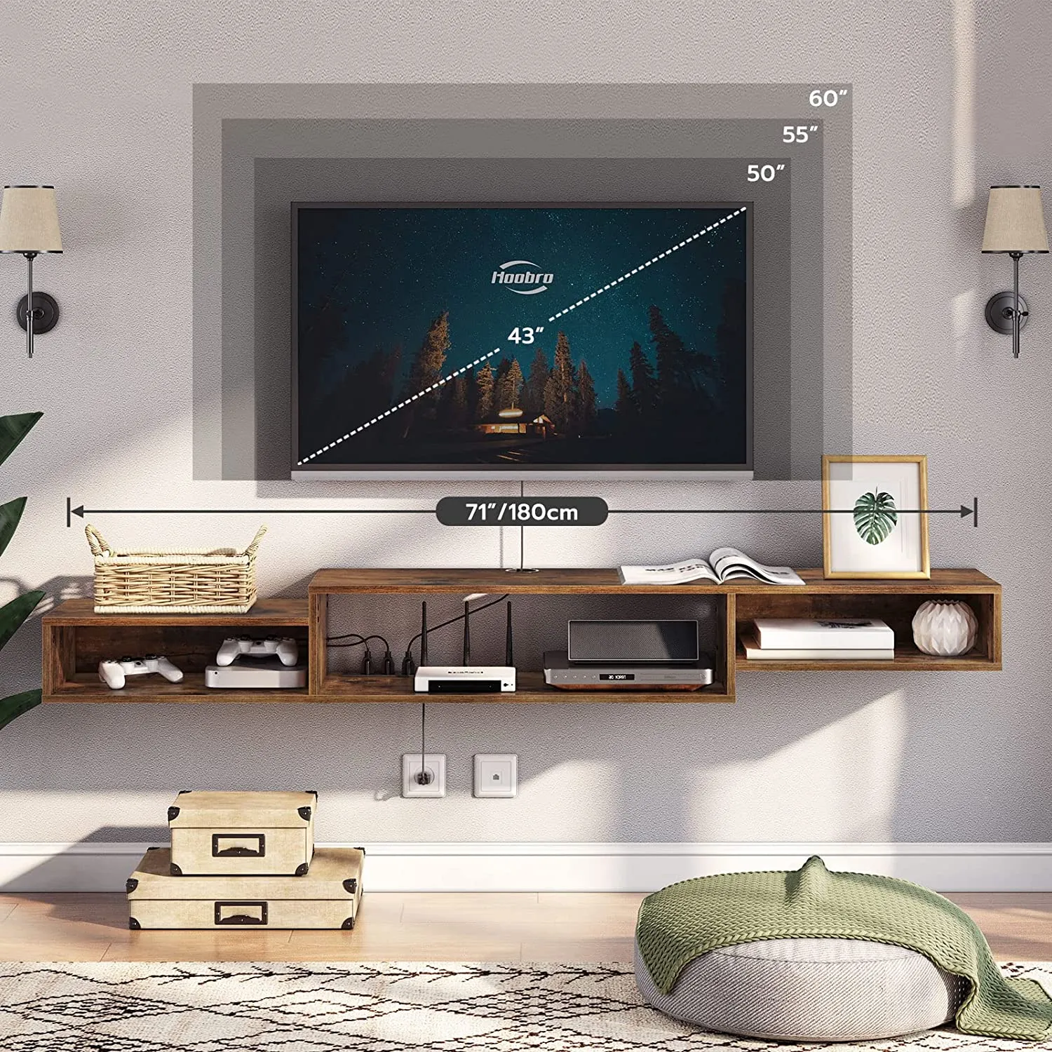 Floating TV Stand Wall Mounted TV Stand with Power Outlet, Floating TV Shelf with LED