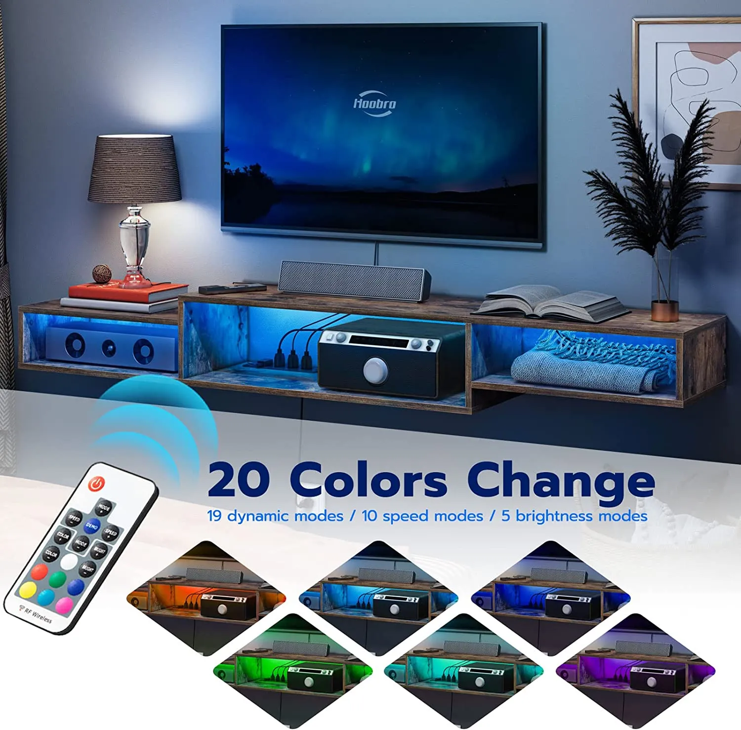 Floating TV Stand Wall Mounted TV Stand with Power Outlet, Floating TV Shelf with LED