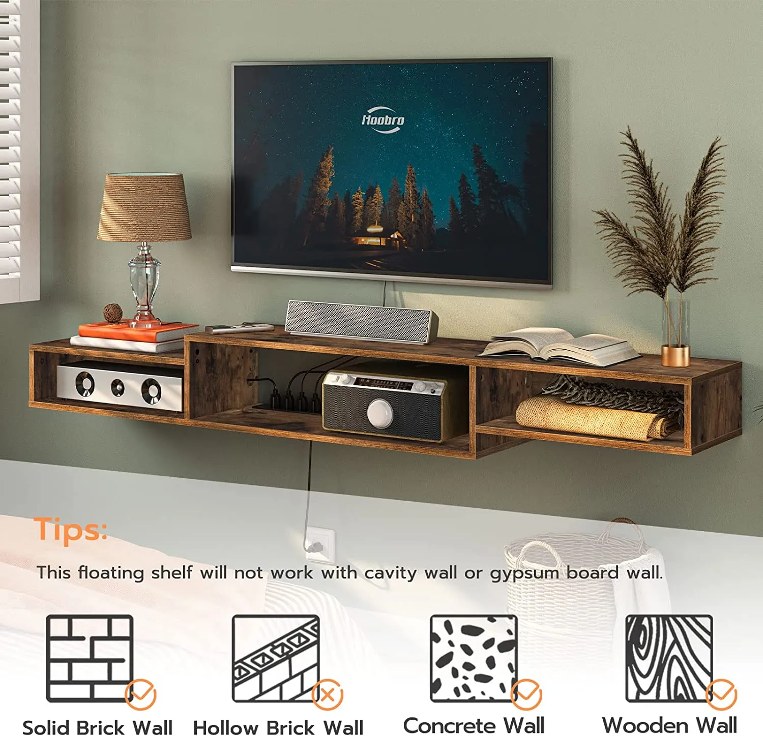 Floating TV Stand Wall Mounted TV Stand with Power Outlet, Floating TV Shelf with LED