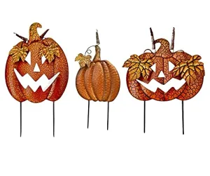 Halloween Jack O’Lantern Pumpkin Yard Stakes | Set of 3, Sturdy Rustproof Metal, Rustic Orange Crackle Finish