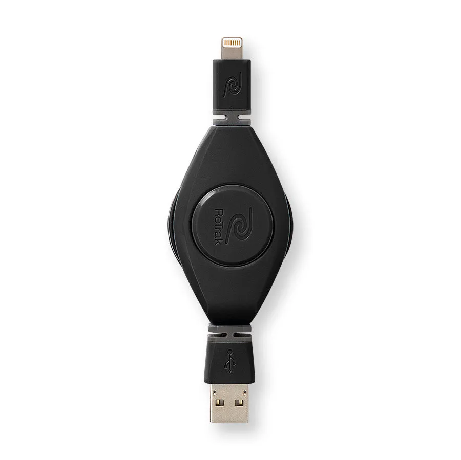 Lightning Wall Charger | Retractable Lightning Charging Cable | 2.4A Wall Charger | Black