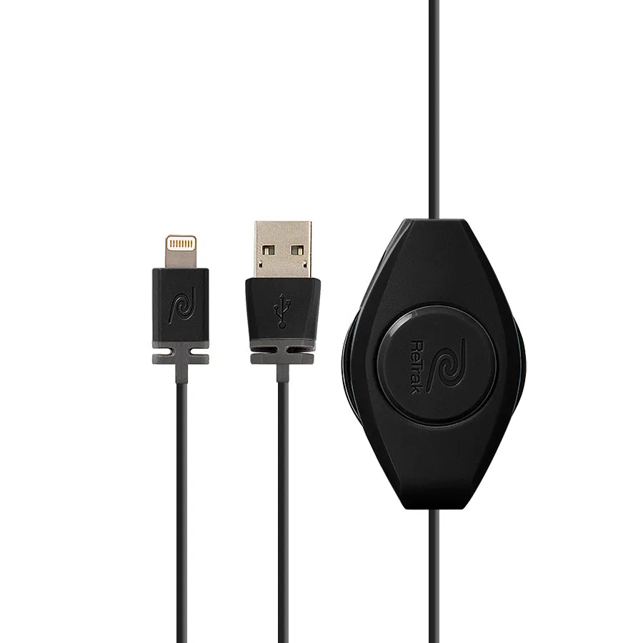 Lightning Wall Charger | Retractable Lightning Charging Cable | 2.4A Wall Charger | Black