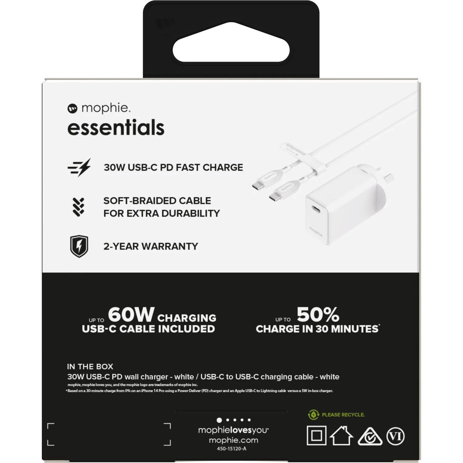 Mophie Essential 30W USB-C Wall Charger and Cable (White)