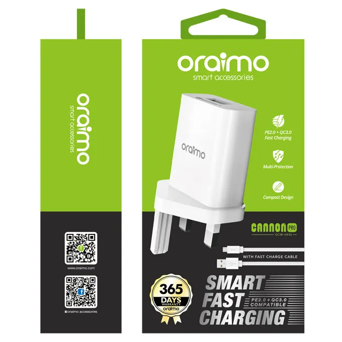 oraimo PE2.0 & QC3.0 Compatible Smart Fast Charging UK Type Wall Charger