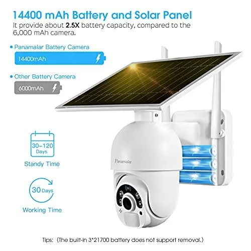 Panamalar Outdoor Camera Solar Powered, 14400mAh Wireless Rechargeable Battery Camera 1080P WiFi Home Security Camera with 360° View, Color Night Vision, PIR Motion Detection, 2-Way Audio, Waterproof