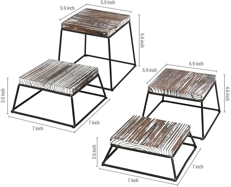 Rustic Torched Wood and Black Metal Wire Square Dessert Stands, Retail Display Risers, Set of 4
