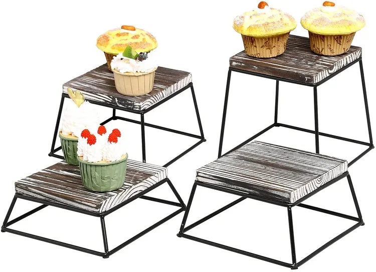 Rustic Torched Wood and Black Metal Wire Square Dessert Stands, Retail Display Risers, Set of 4