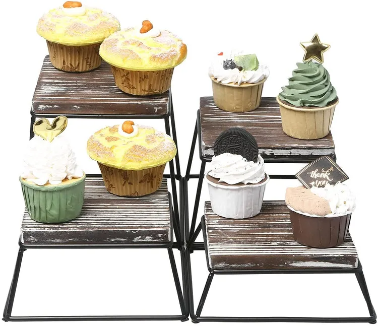 Rustic Torched Wood and Black Metal Wire Square Dessert Stands, Retail Display Risers, Set of 4