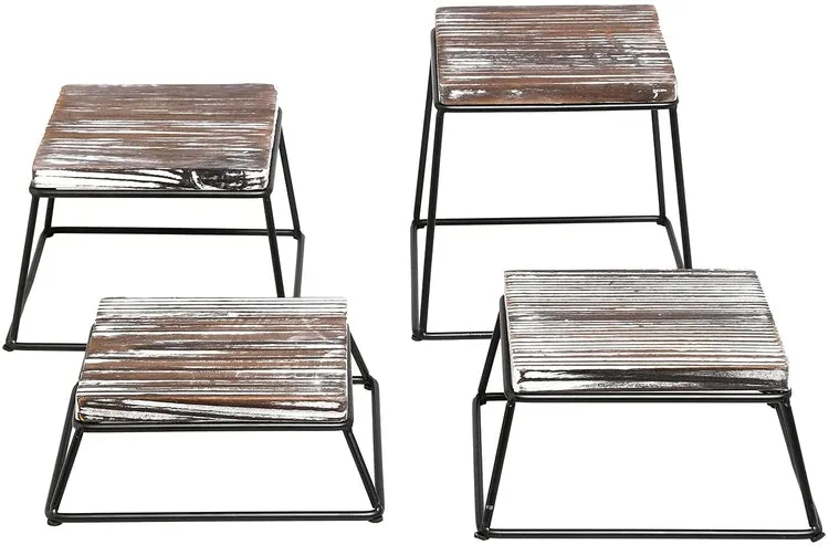 Rustic Torched Wood and Black Metal Wire Square Dessert Stands, Retail Display Risers, Set of 4