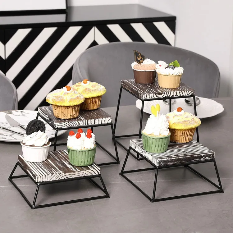 Rustic Torched Wood and Black Metal Wire Square Dessert Stands, Retail Display Risers, Set of 4