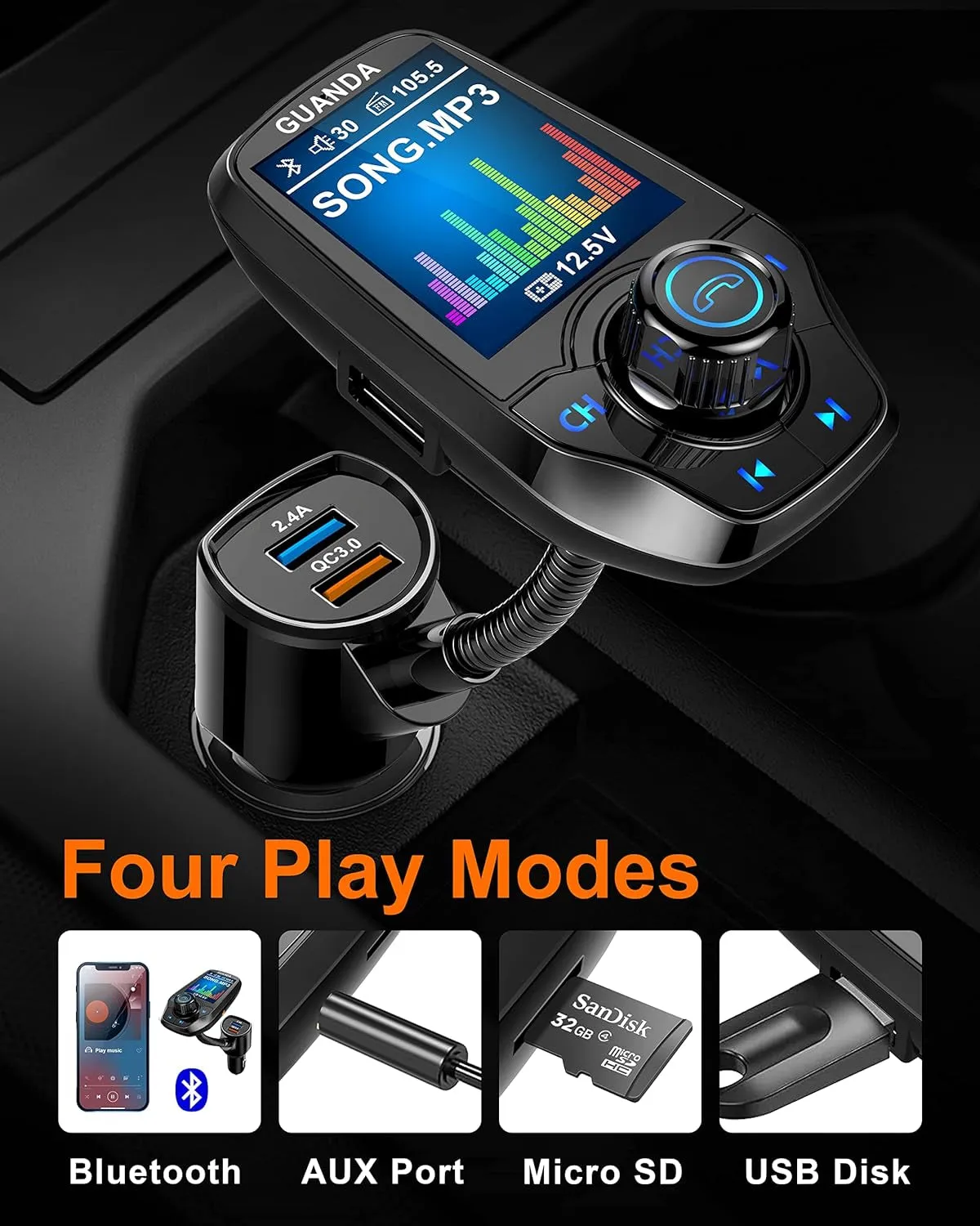Upgraded Bluetooth FM Transmitter for Car, Wireless Radio Adapter Kit W 1.8" Color Display Hands-Free Call AUX In/Out SD/TF Card USB Charger QC3.0 for All Smartphones Audio Players - Black