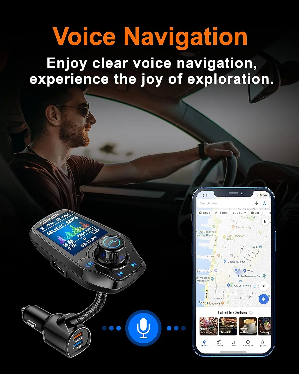 Upgraded Bluetooth FM Transmitter for Car, Wireless Radio Adapter Kit W 1.8" Color Display Hands-Free Call AUX In/Out SD/TF Card USB Charger QC3.0 for All Smartphones Audio Players - Black