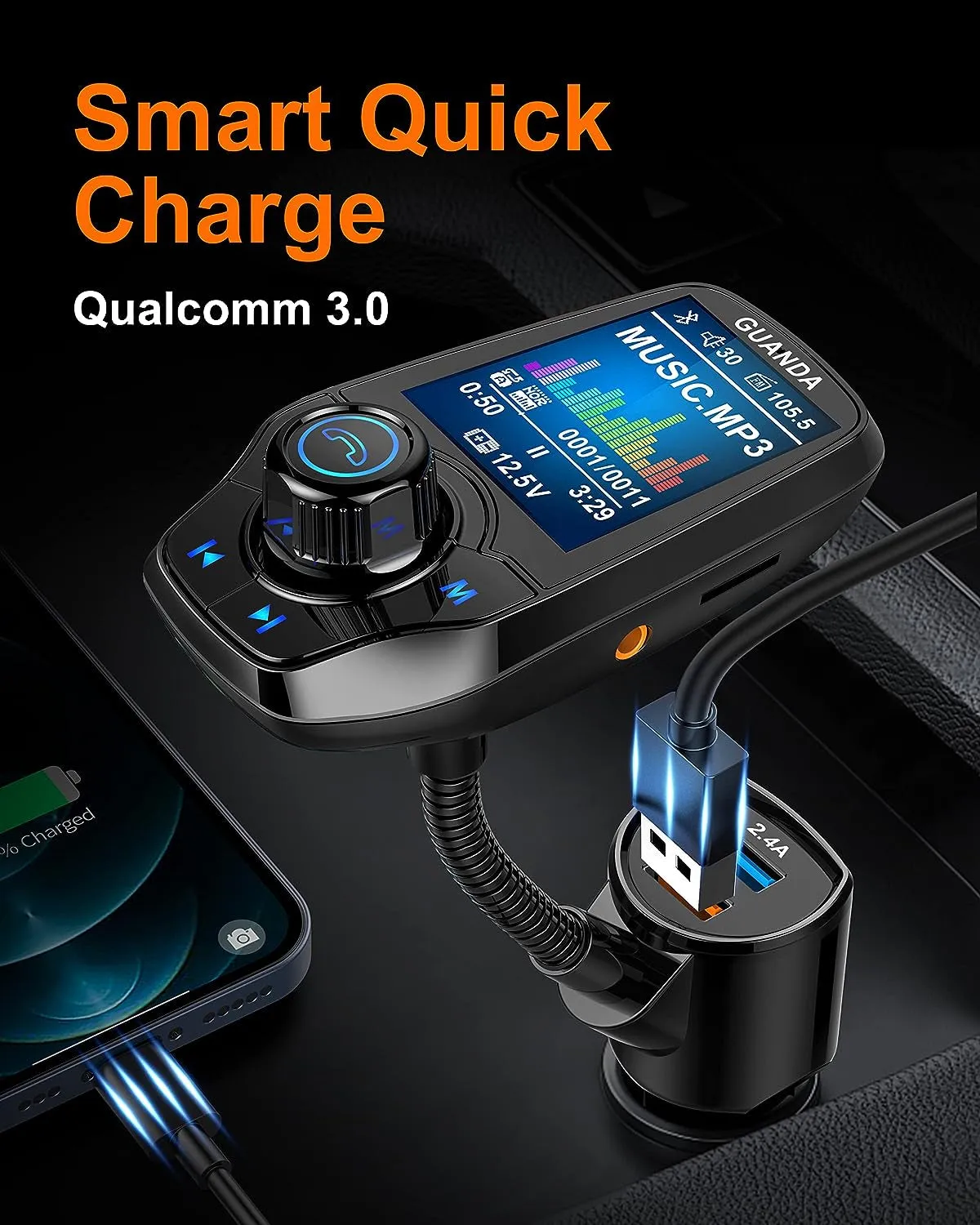 Upgraded Bluetooth FM Transmitter for Car, Wireless Radio Adapter Kit W 1.8" Color Display Hands-Free Call AUX In/Out SD/TF Card USB Charger QC3.0 for All Smartphones Audio Players - Black